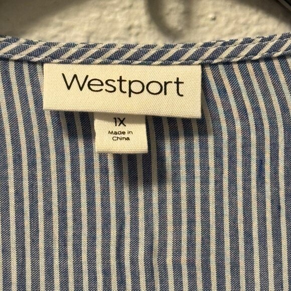 Westport Blue & White Striped Lace-Up Blouse Sz 1X sleeves 3/4 blouse - Picture 3 of 12